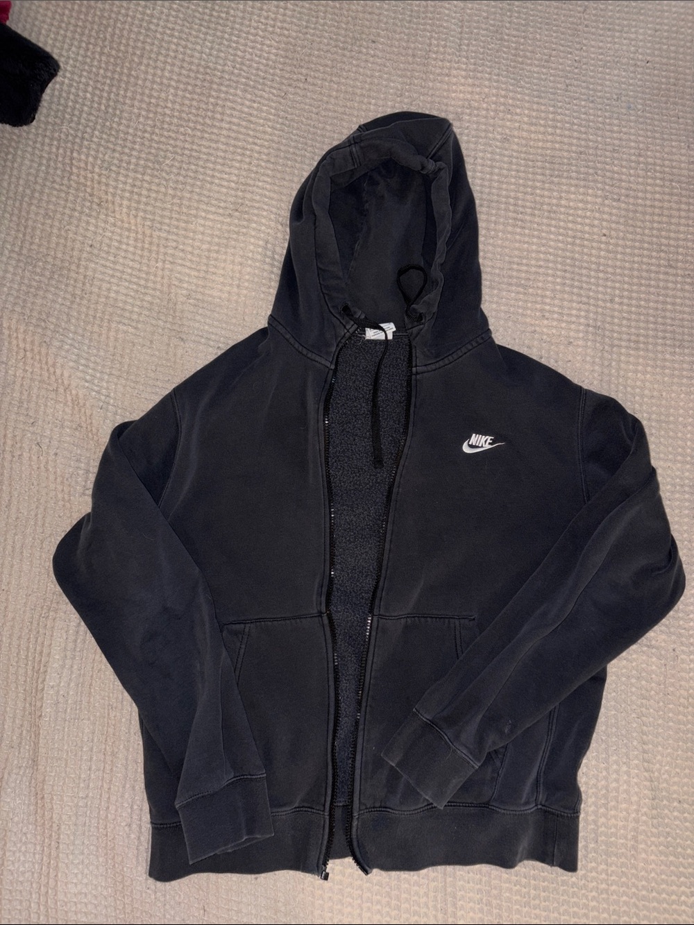 Nike Black Zip-Up Hooded Sweatshirt with White Swoosh **NO ZIPPER**